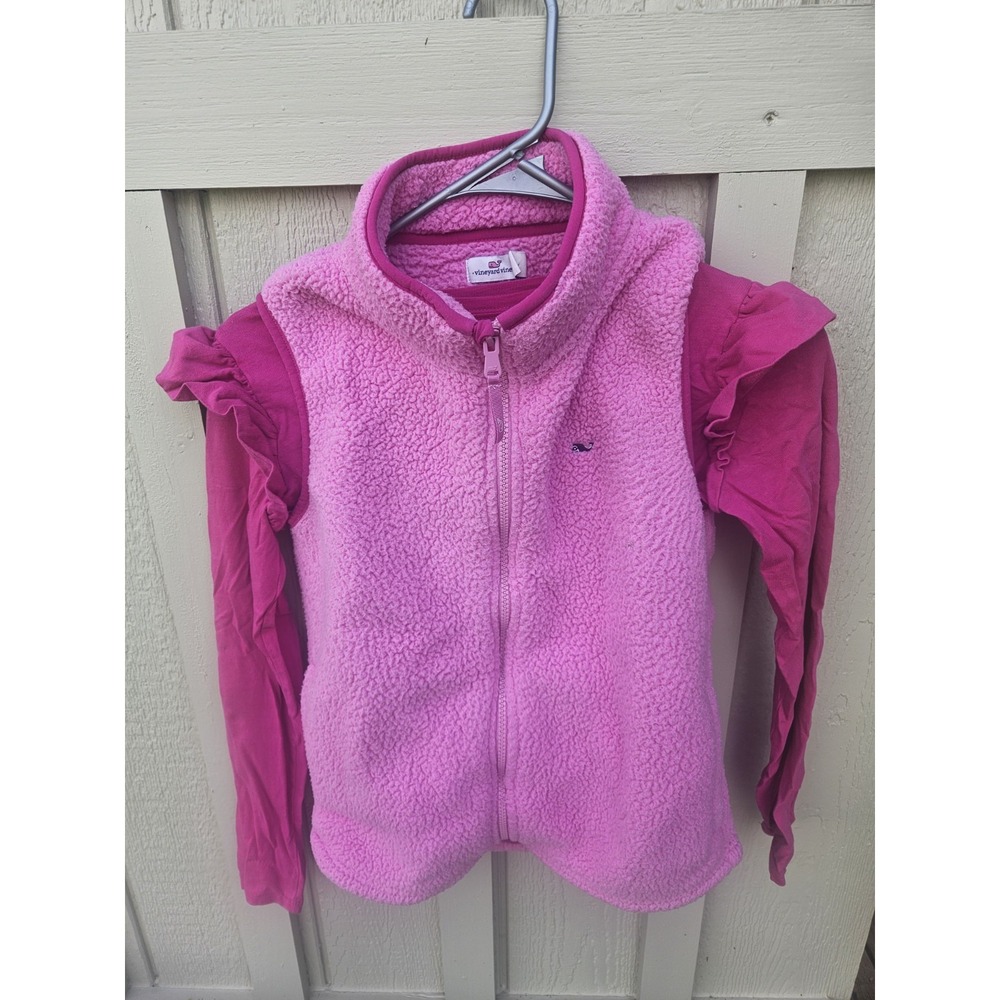 VINEYARD VINES Girls 2 Pc Set Size Large 14 pink fleece vest LS  Ruffle Blouse